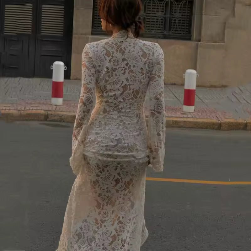 Cecilie Lace Flare-Sleeve Dress in white – styled look