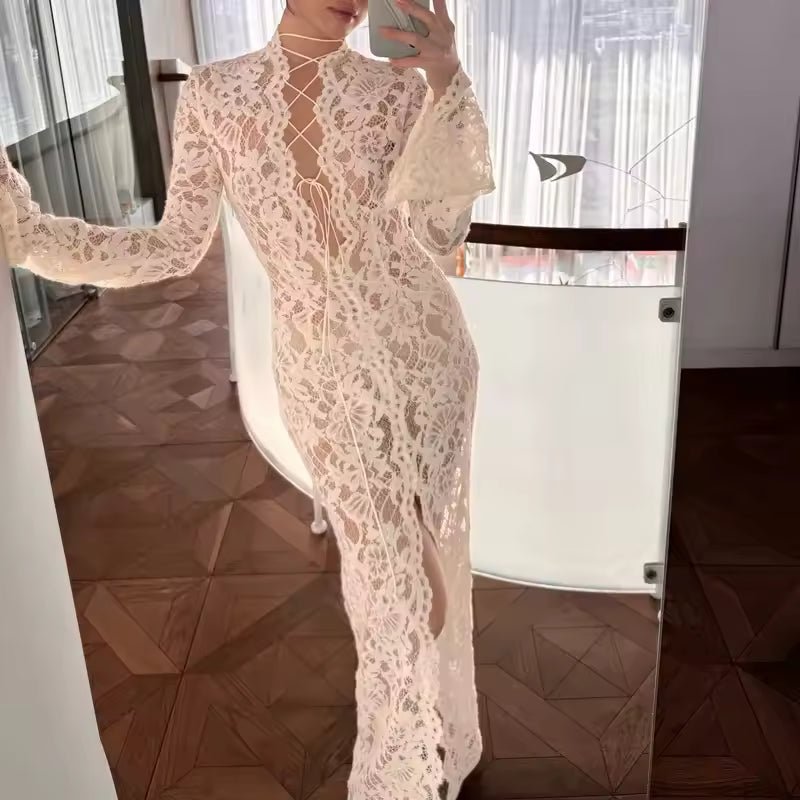 Cecilie Lace Flare-Sleeve Dress in white – styled look