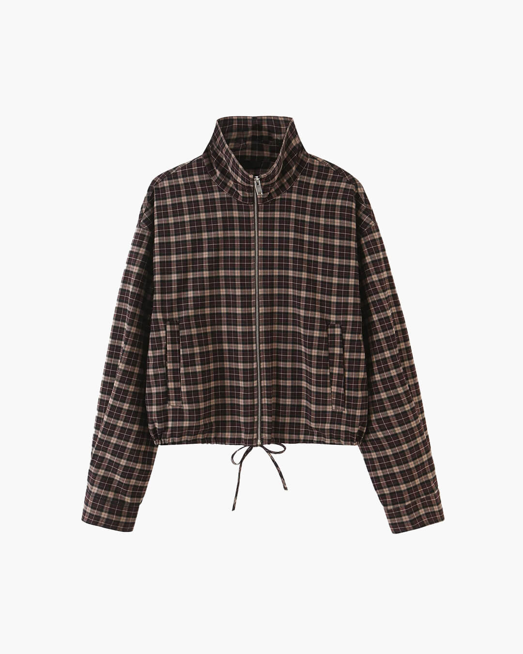 Dagny Check High-Collar Zip Coat in brown check – product shot