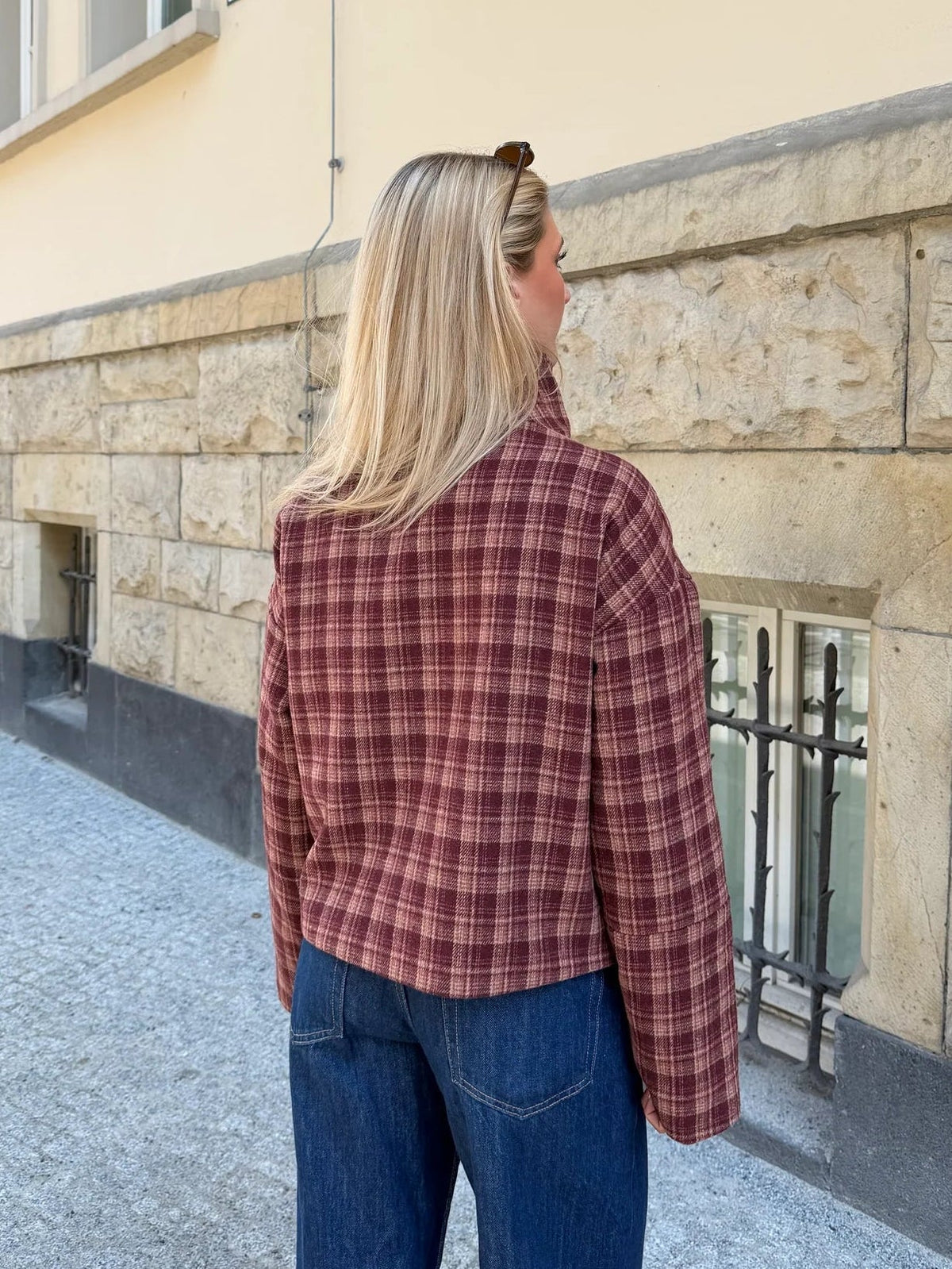 Edith Plaid Wool-Blend Coat in burgundy plaid – styled look