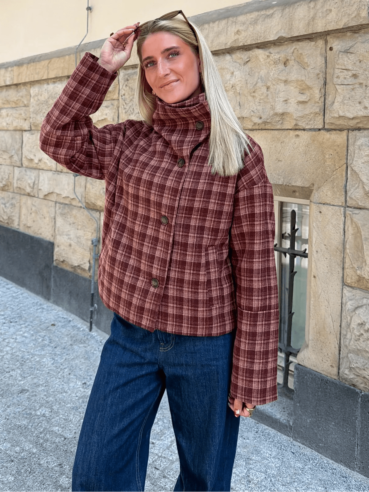 Edith Plaid Wool-Blend Coat in burgundy plaid – styled look