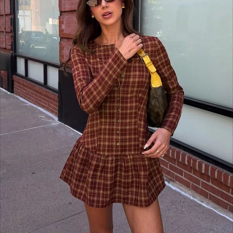 Hedda Plaid Long Sleeve Mini Dress in burgundy plaid – styled look