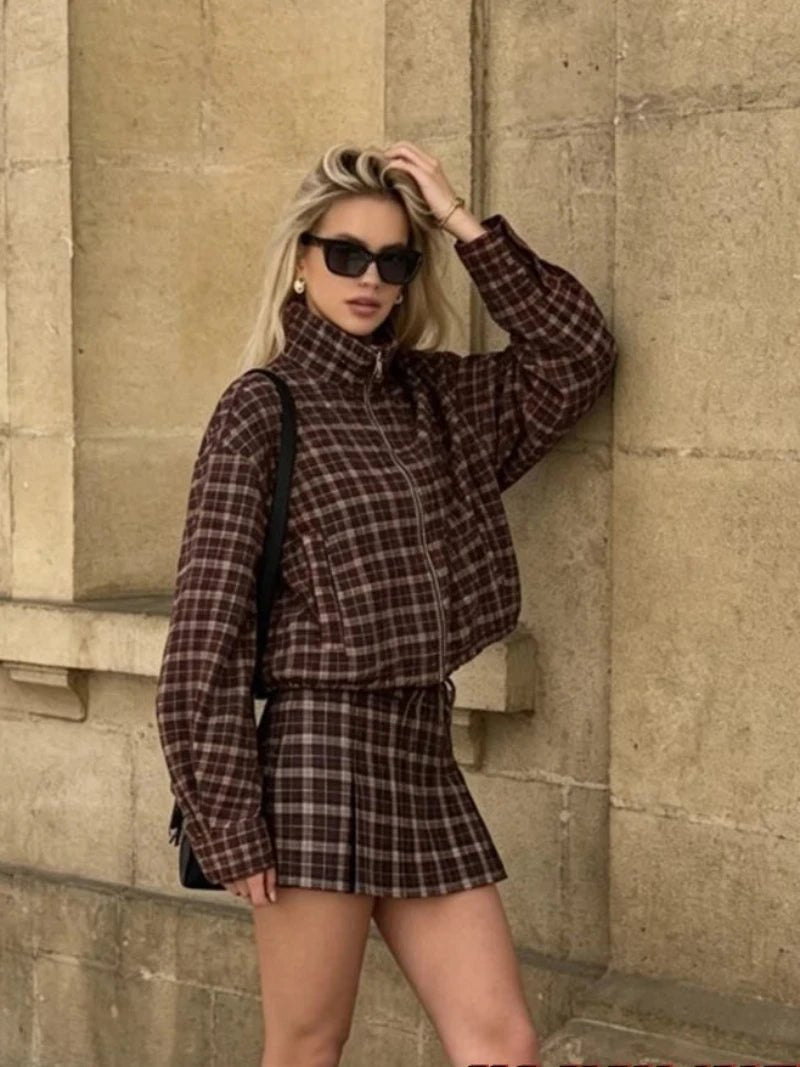 Iris Check Jacket & Mini Skirt Co-ord in brown check – styled look