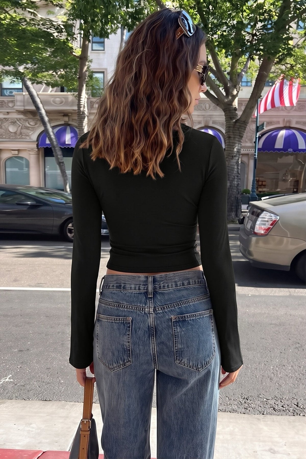 Liv High-Neck Keyhole Blouse in black – styled look