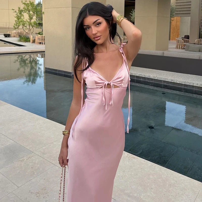 Aaliyah maxi-jurk met V-hals, vetersluiting en spaghettibandjes