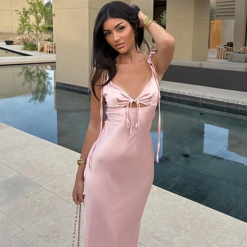 Aaliyah maxi-jurk met V-hals, vetersluiting en spaghettibandjes