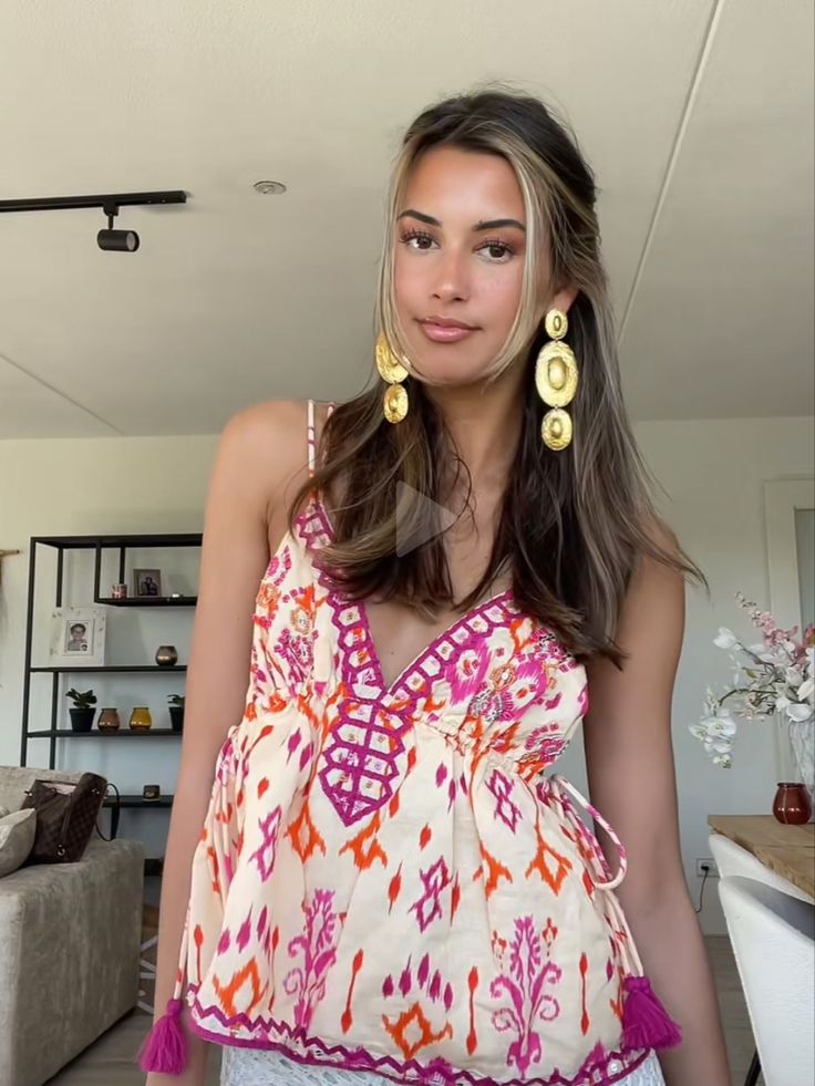 Agrafena boho-cami-top met borduursel, kwastjes en strik