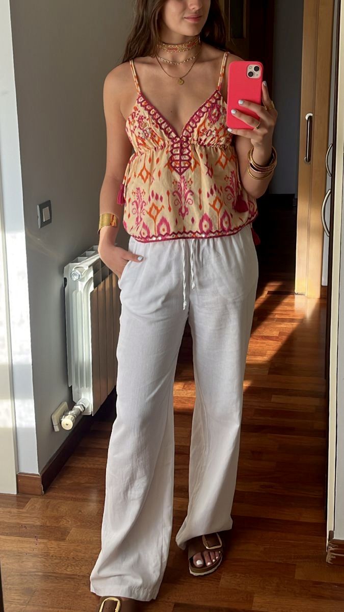 Agrafena boho-cami-top met borduursel, kwastjes en strik