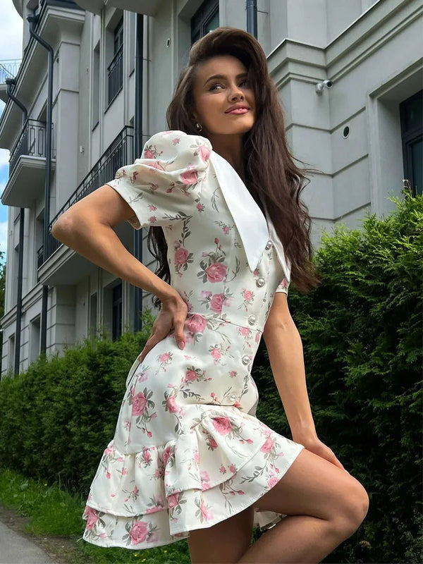 Andromeda mini-jurk met bloemenprint en pofmouwen