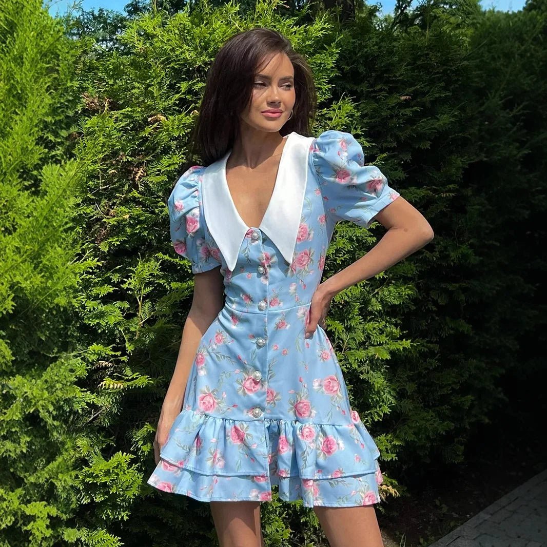 Andromeda mini-jurk met bloemenprint en pofmouwen