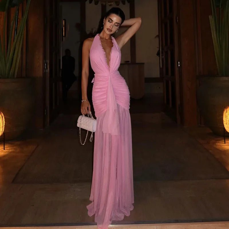 Angela maxi-jurk van mesh met halternek