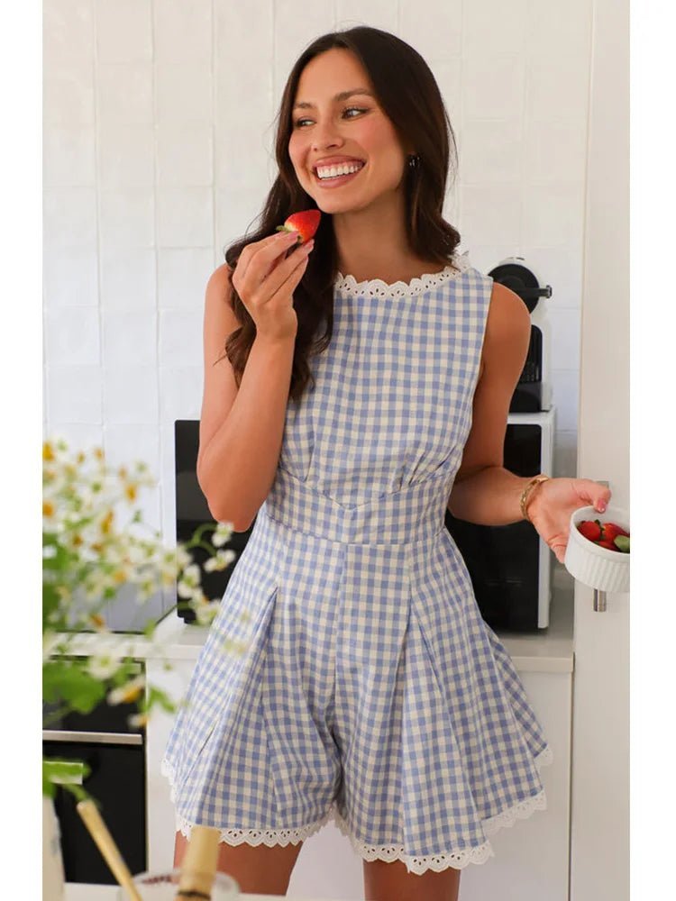 Angelina geruite mouwloze jumpsuit met wijde pijpen