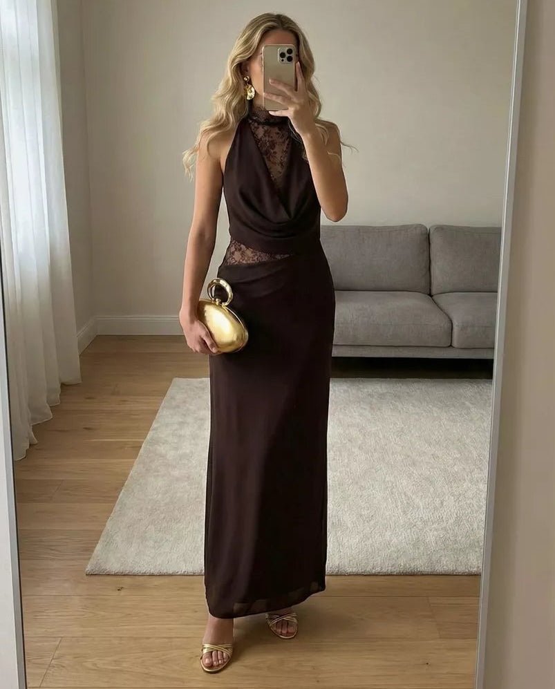 Ariadne maxi-jurk met halternek, kanten patchwork en maxi-lengte