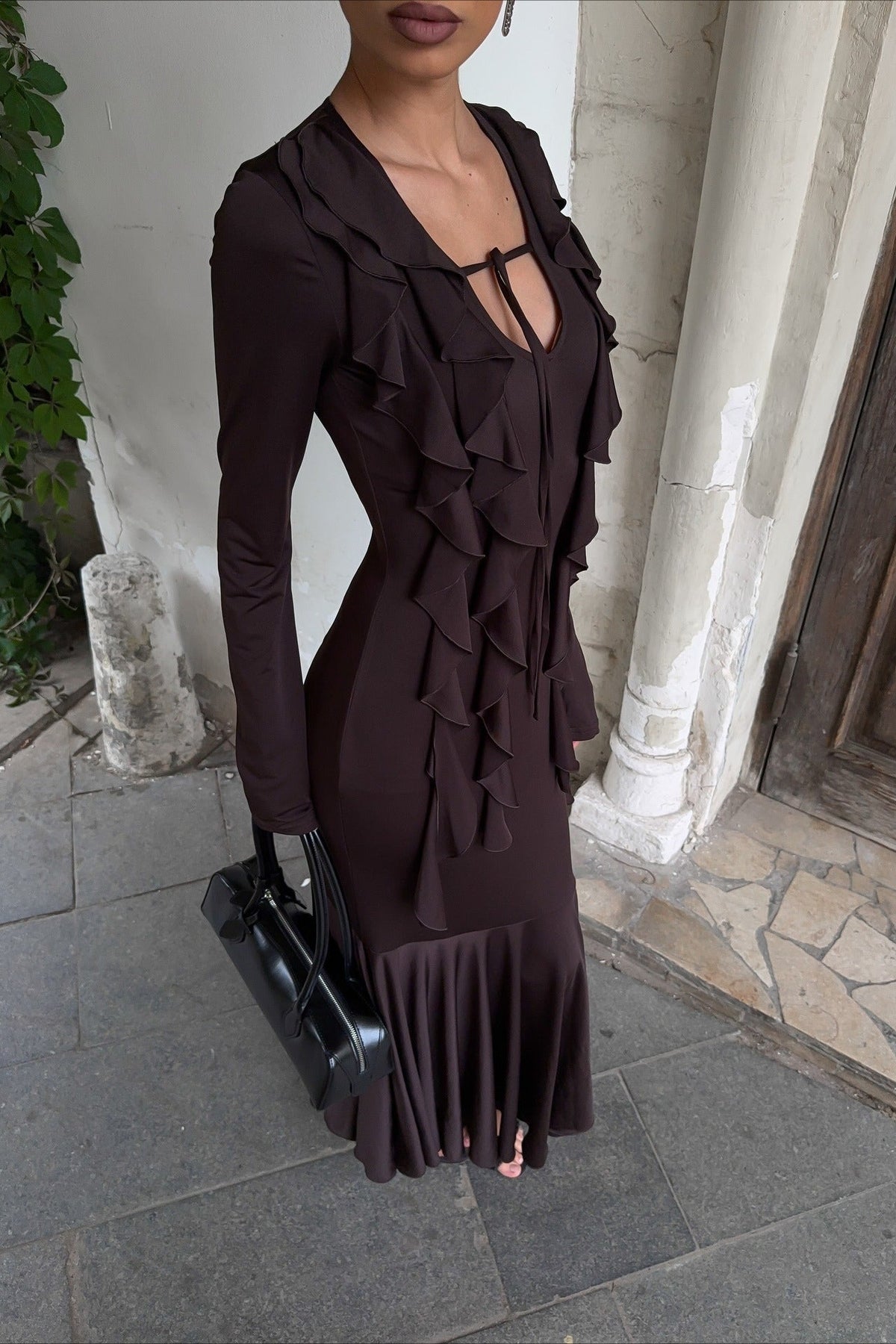 Arielle maxi-jurk met ruches en lange mouwen