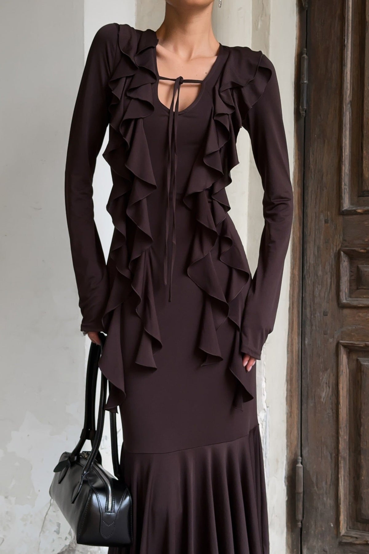 Arielle maxi-jurk met ruches en lange mouwen