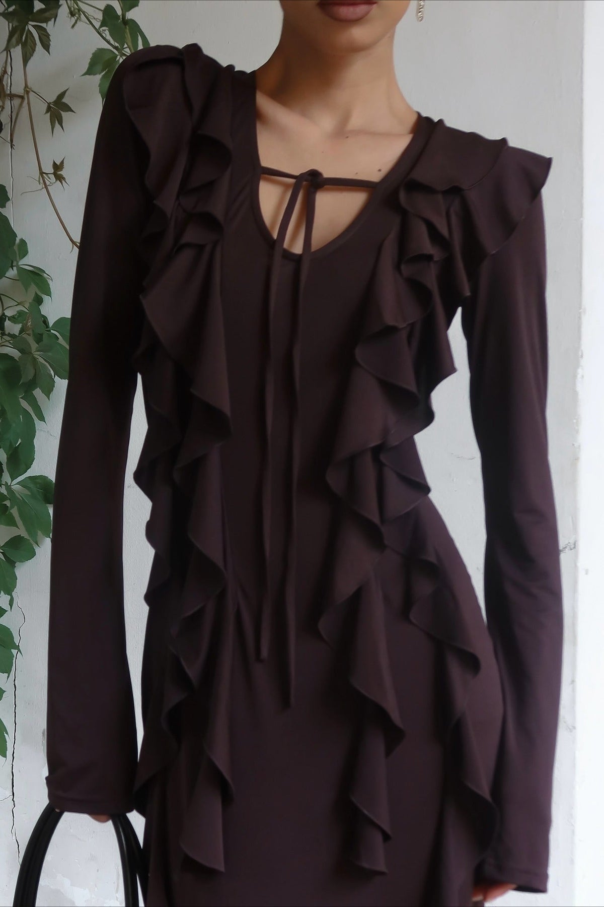 Arielle maxi-jurk met ruches en lange mouwen