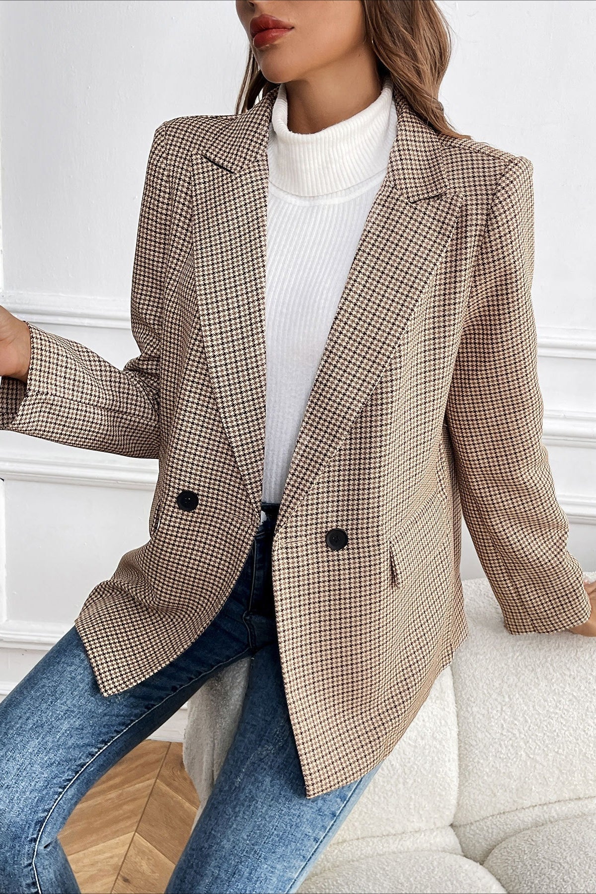 Beatrice vintage blazer met pied-de-poulepatroon