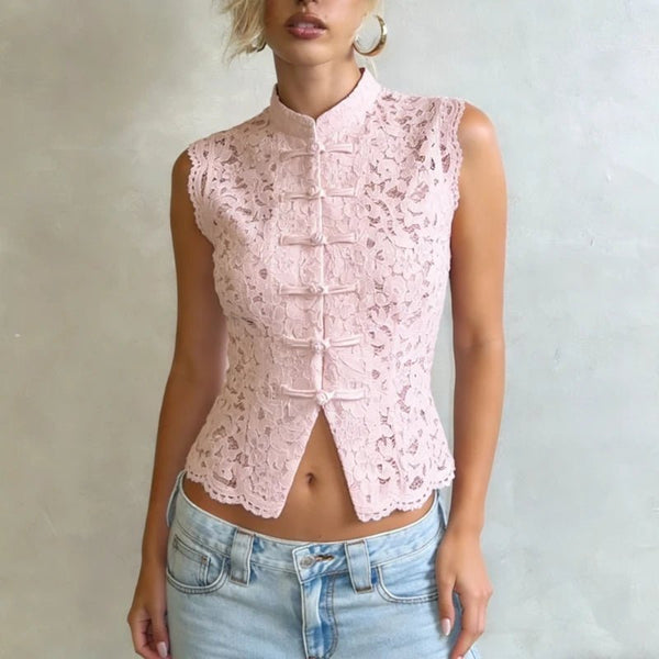 Beatrix transparante kanten blouse met mandarijnkraag