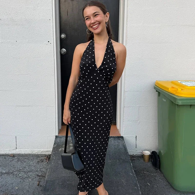 Bianca haltermaxijurk met stippen