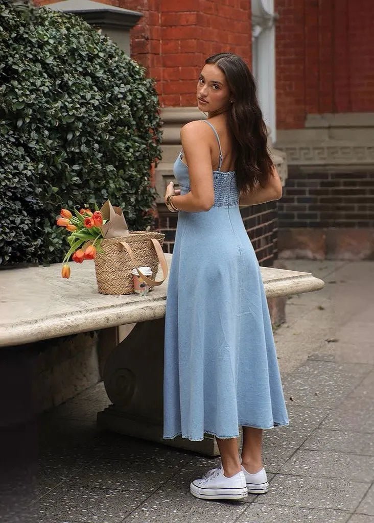 Brianna denim midi-jurk met corsetlijfje