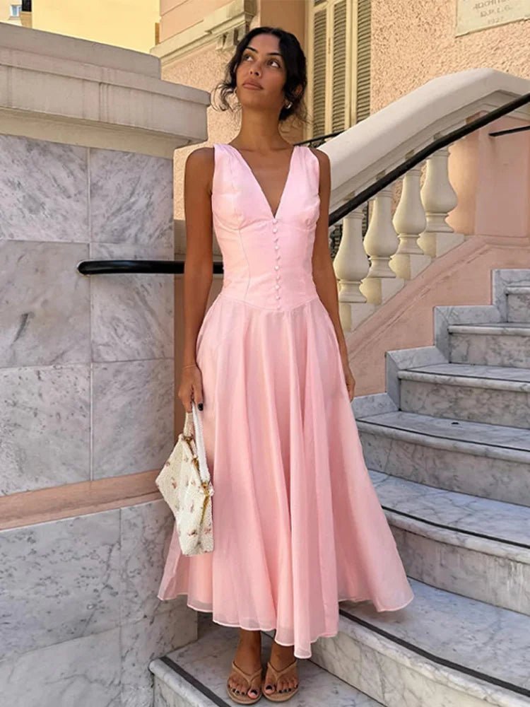 Candice mouwloze midi-jurk met V-hals