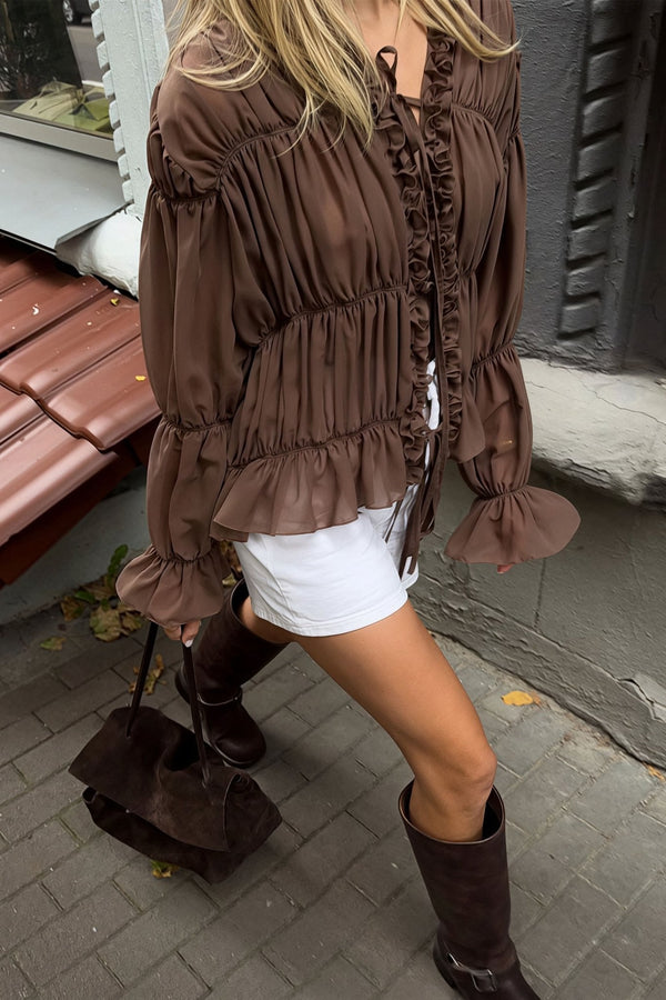 Carmen blouse met rimpeldetails, ruches en strik