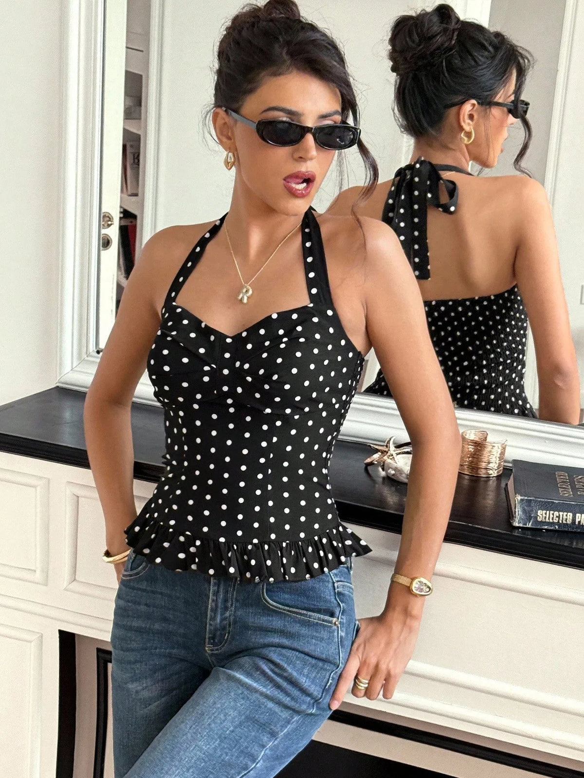 Caryl halter-crop top met stippen