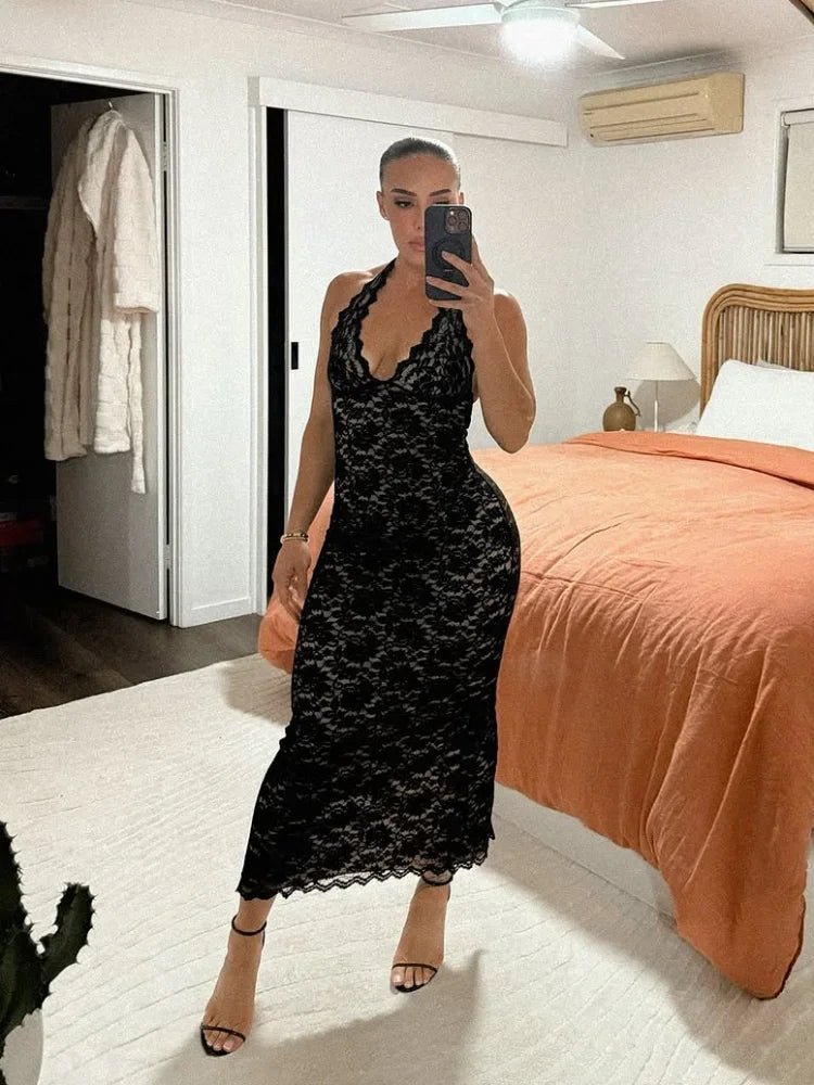 Cassia kanten maxi-jurk met halternek