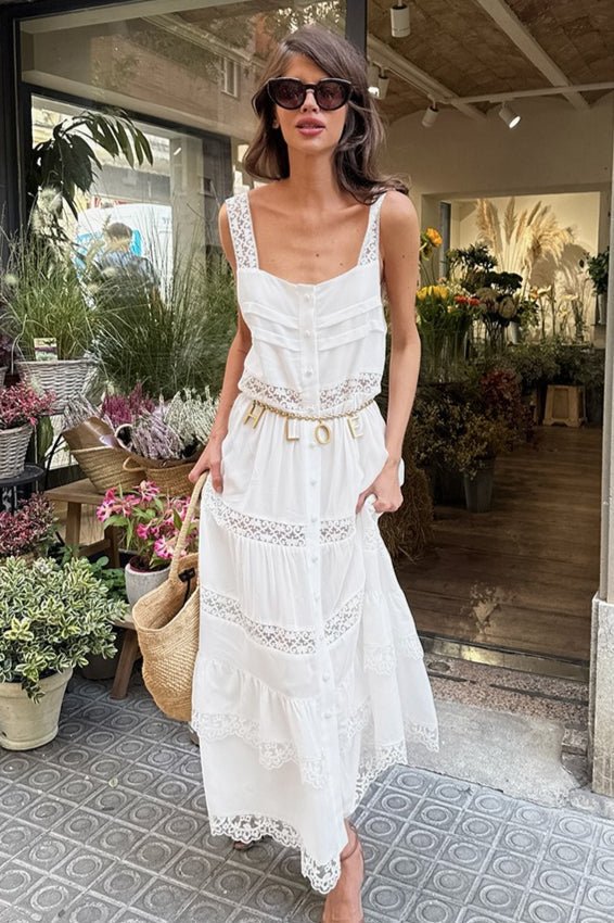 Celeste boho-maxijurk met kanten patchwork en ruches
