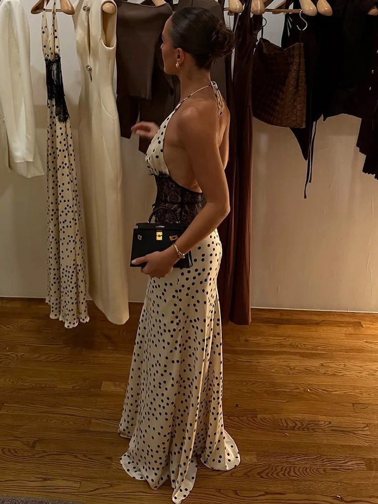 Celeste halterjurk met stippenprint en maxi-lengte