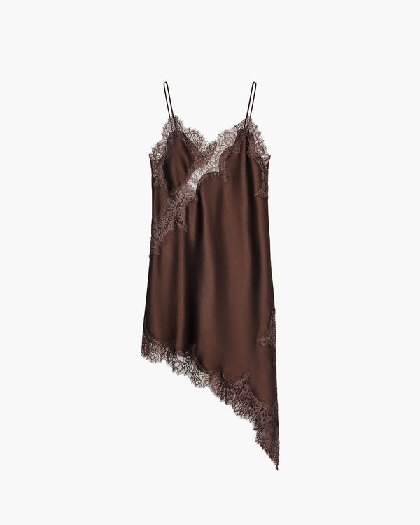 Asymmetrische midi-jurk Chiara van satijn met kant