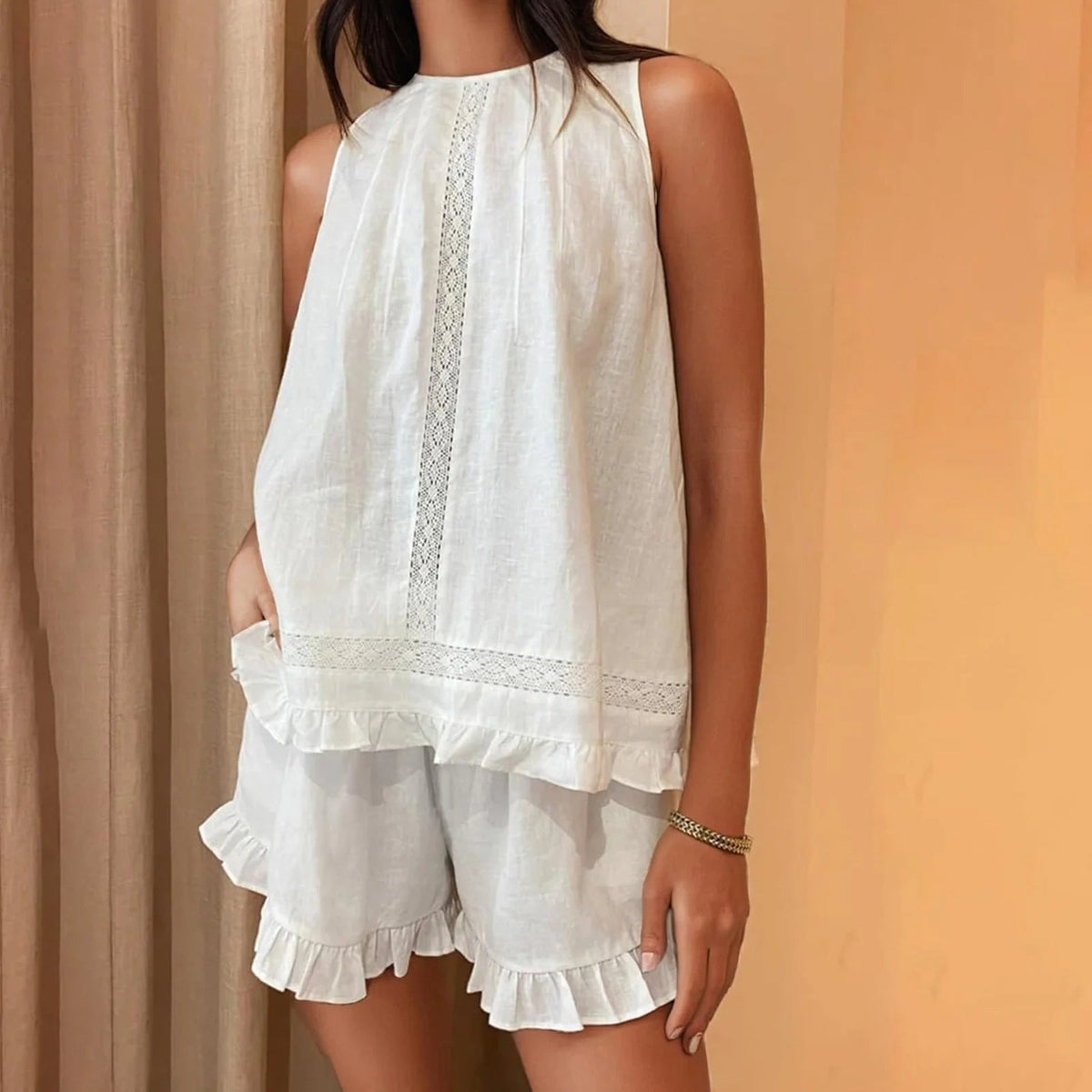 Dahlia mouwloze shortset met rucherand