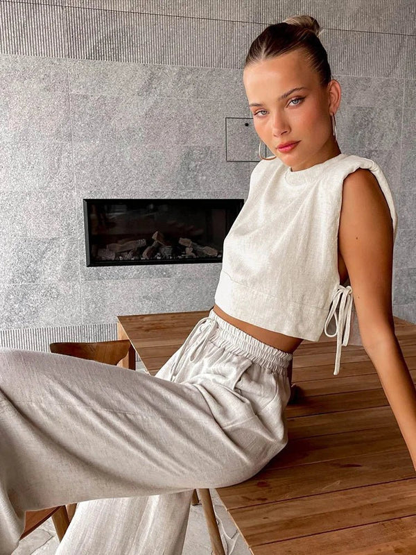 Delfina linnen tweedelige set met crop top