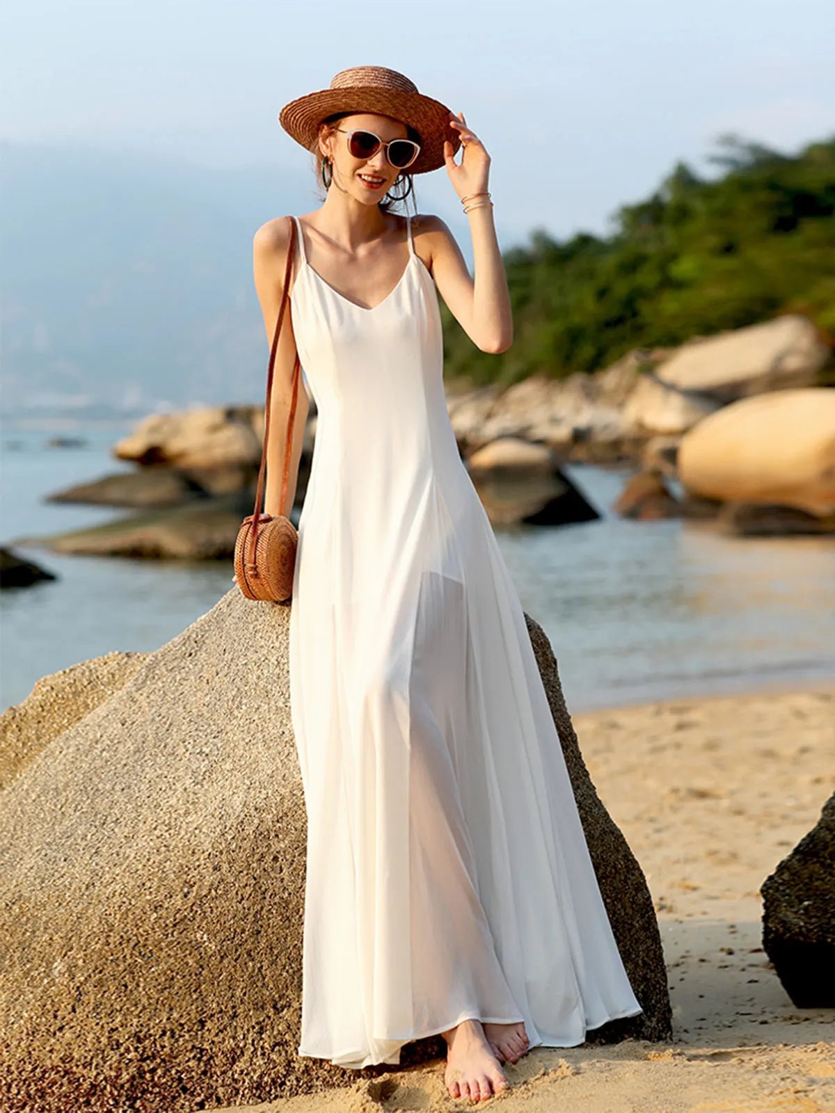 Delphine maxi-jurk met V-hals en blote rug