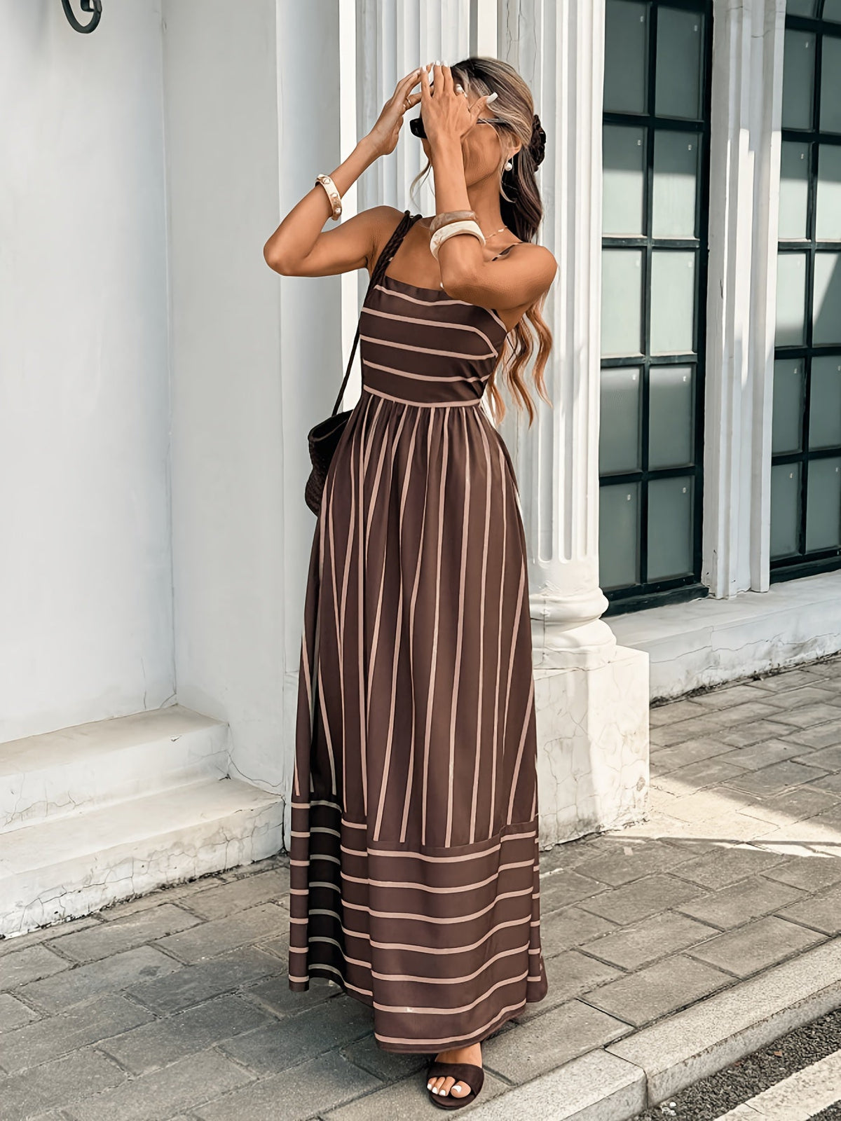 Elena gestreepte linnen slipdress
