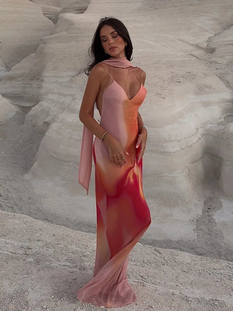 Emma satijnen maxi-jurk met open rug en ombre-effect