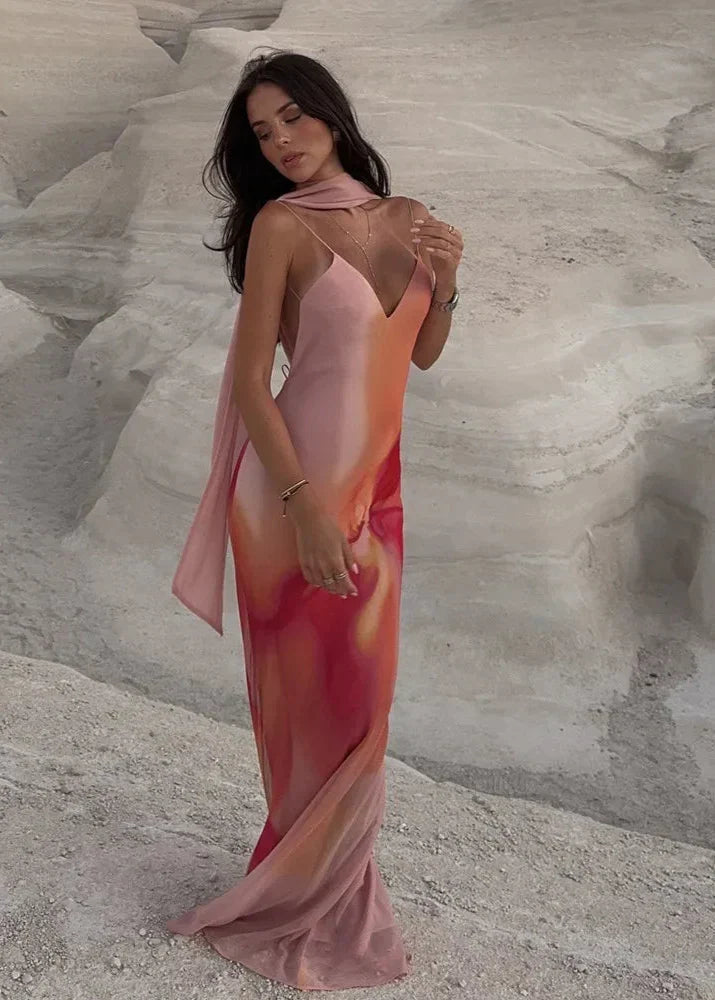 Emma satijnen maxi-jurk met open rug en ombre-effect