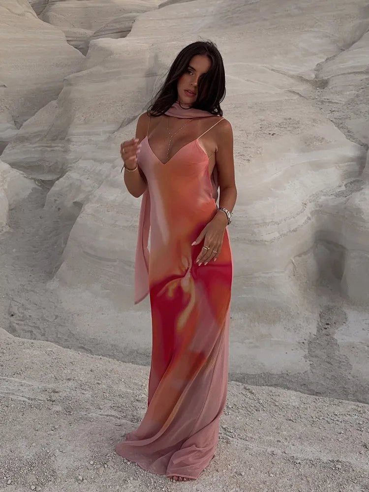 Emma satijnen maxi-jurk met open rug en ombre-effect