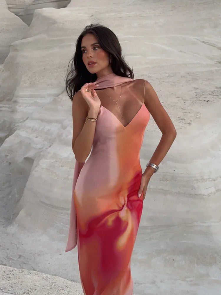 Emma satijnen maxi-jurk met open rug en ombre-effect