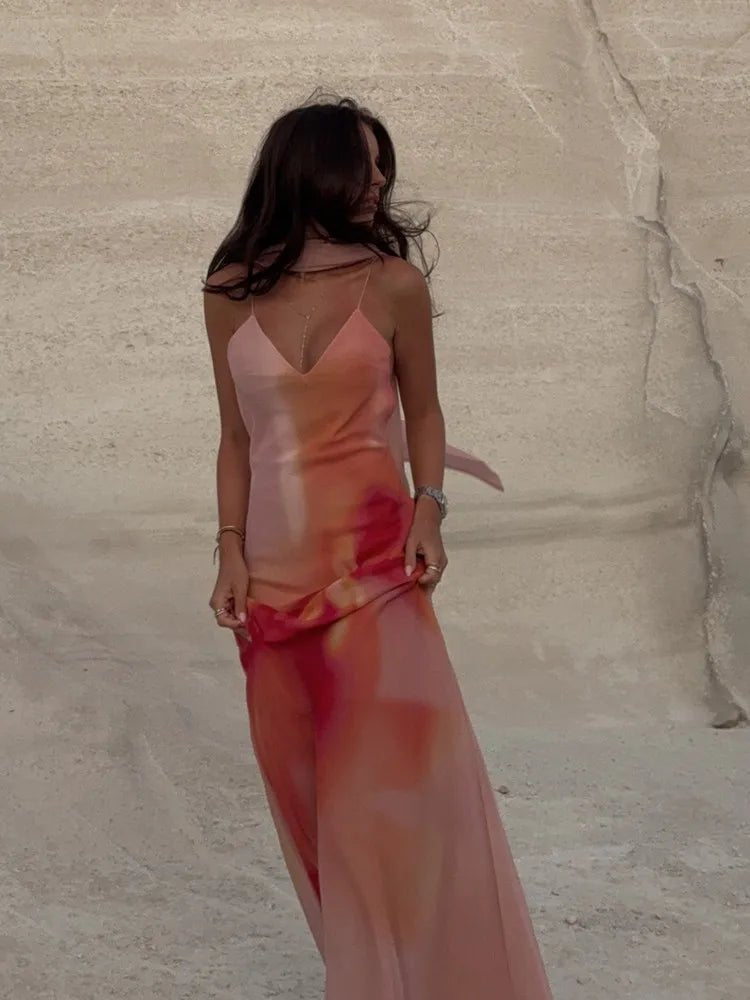 Emma satijnen maxi-jurk met open rug en ombre-effect