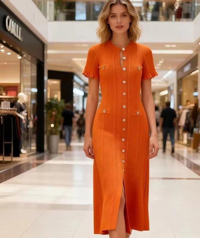 Erlinda gebreide midi-jurk met knoopsluiting aan de voorkant