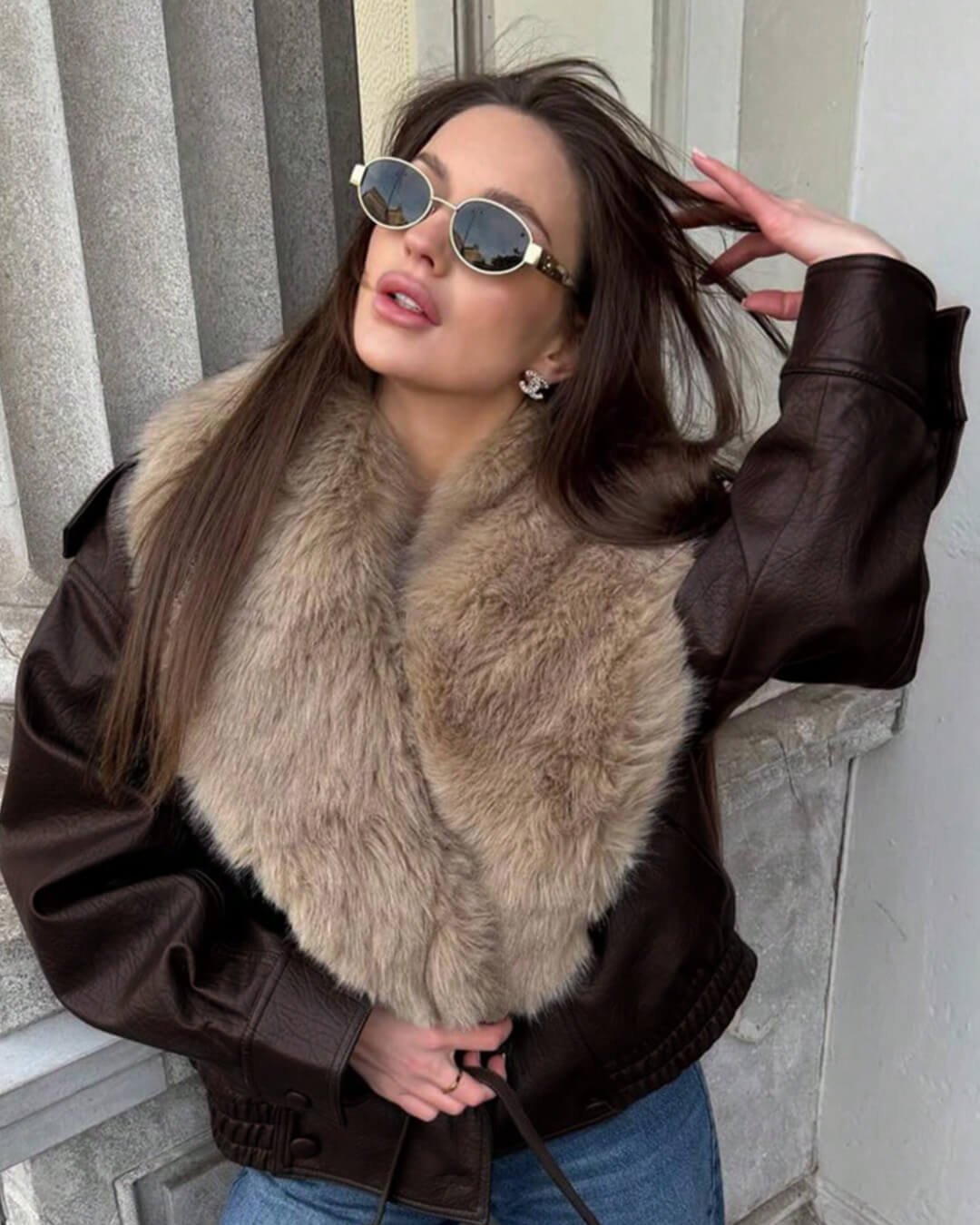 Francesca imitatieleren jack met afneembare bontkraag