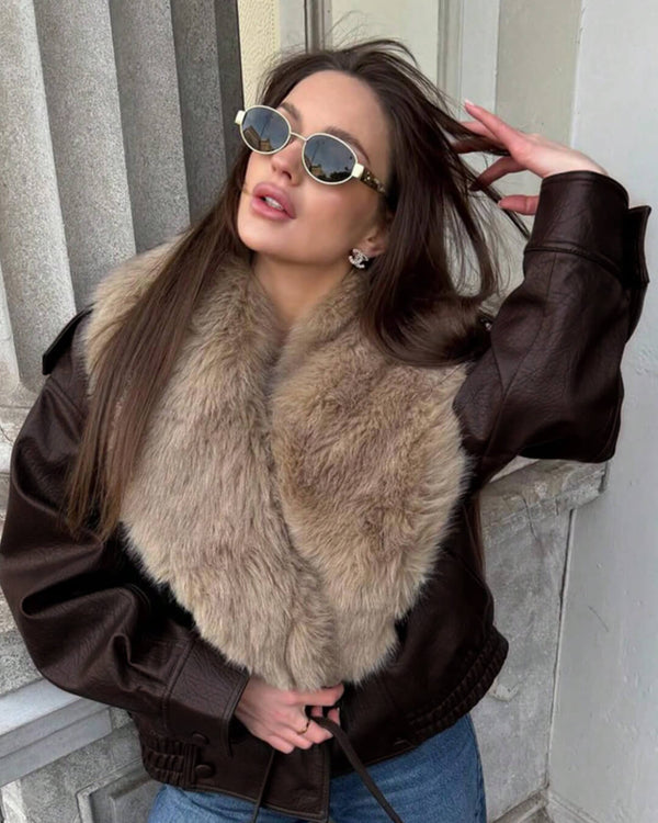 Francesca imitatieleren jack met afneembare bontkraag