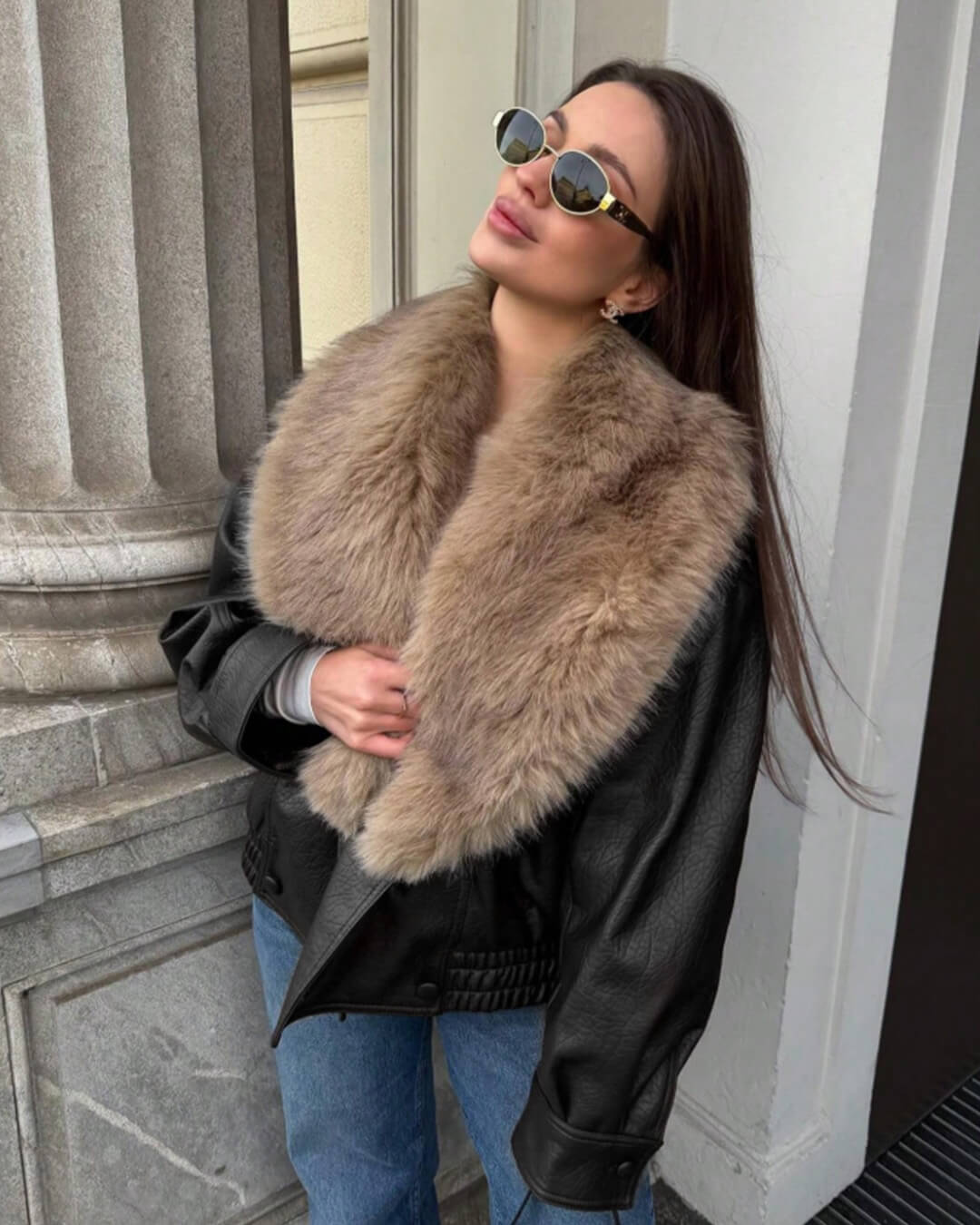 Francesca imitatieleren jack met afneembare bontkraag
