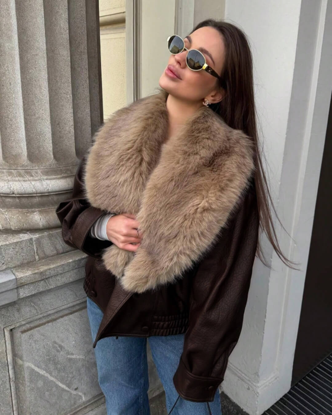 Francesca imitatieleren jack met afneembare bontkraag