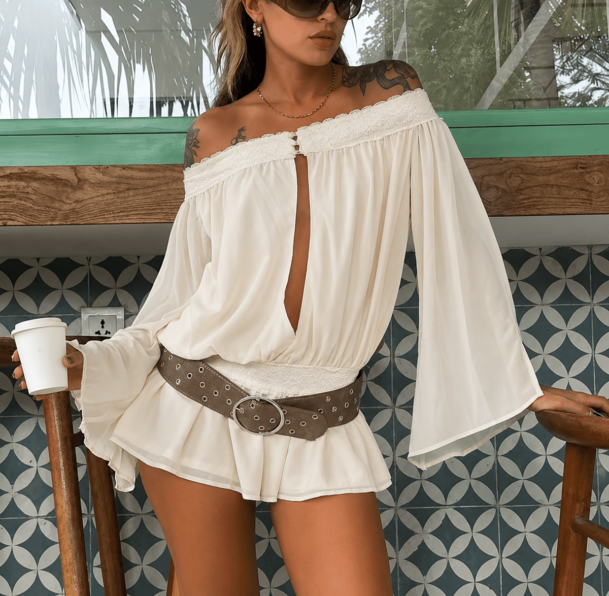 Franziska chiffon jumpsuit met blote schouders