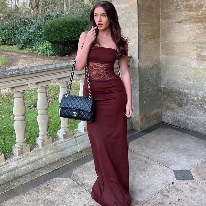 Georgette maxi-jurk met kanten details en mesh taille