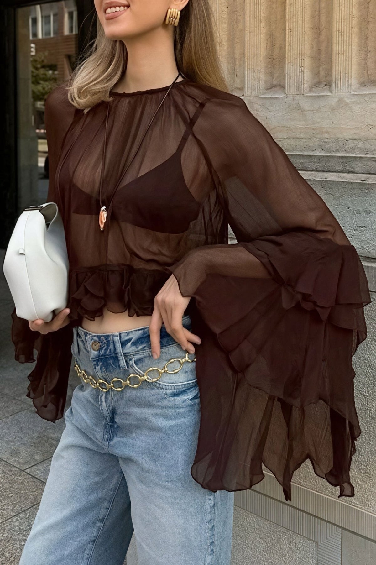 Chiffonblouse met ruches en klokmouwen van Greta