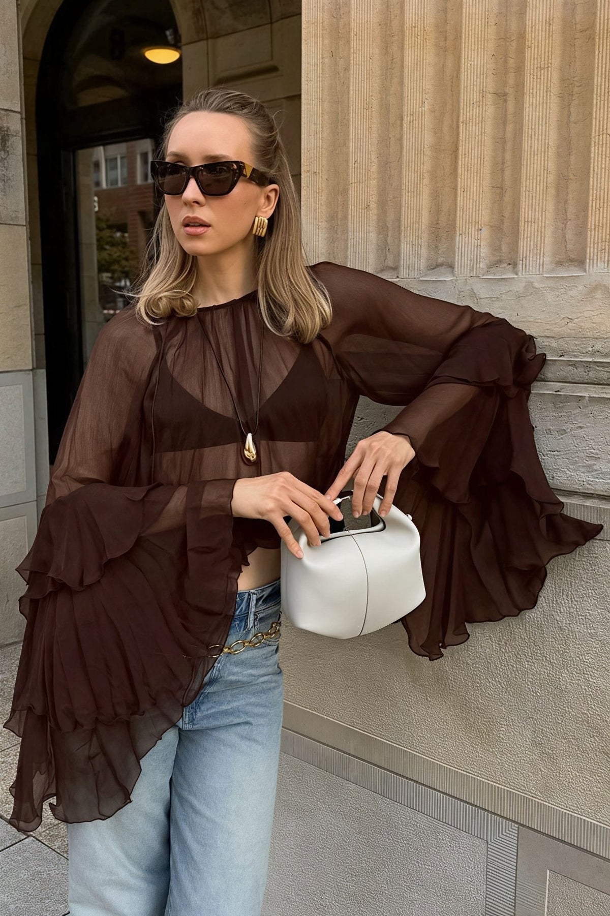 Chiffonblouse met ruches en klokmouwen van Greta