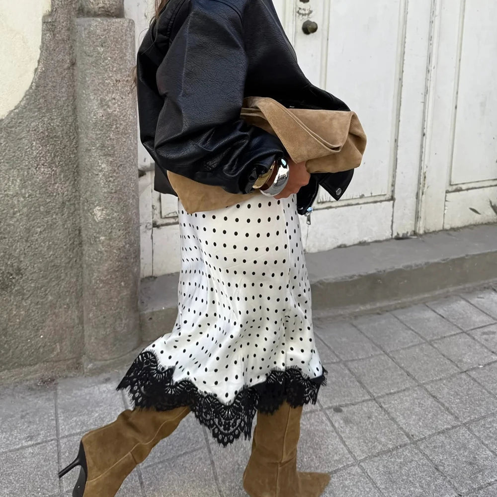 Hadley midi-rok met stippenprint en kanten rand